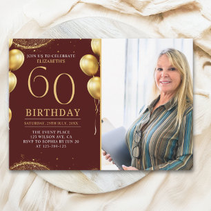 Elegant Gold Glitter Birthday 60th With Photo Invitation