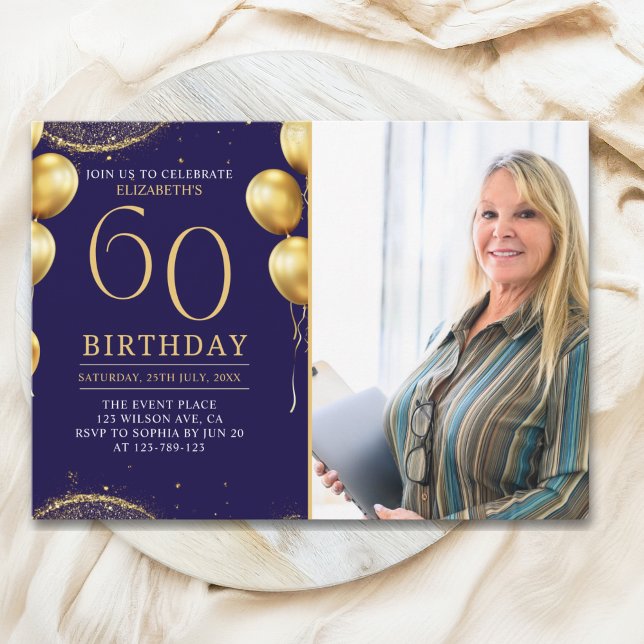Elegant Gold Glitter Birthday 60th With Photo Invitation (Creator Uploaded)