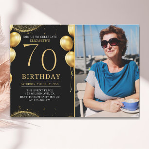Elegant Gold Glitter Birthday 70th With Photo Invitation