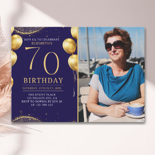 Elegant Gold Glitter Birthday 70th With Photo Invitation
