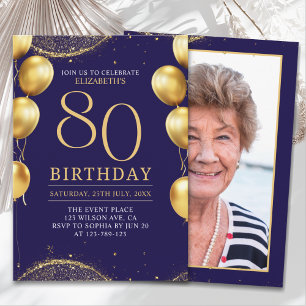 Elegant Gold Glitter Birthday 80th with Ballons Invitation