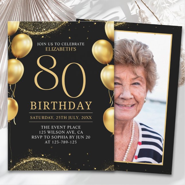  Elegant Gold Glitter Birthday 80th with Ballons Invitation (Creator Uploaded)