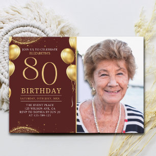 Elegant Gold Glitter Birthday 80th With Photo Invitation