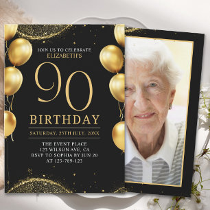 Elegant Gold Glitter Birthday 90th with Ballons Invitation