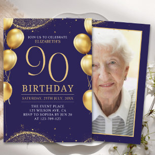 Elegant Gold Glitter Birthday 90th with Ballons Invitation