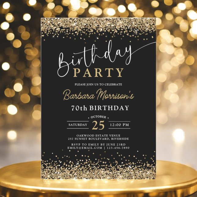 Elegant Gold Glitter Black Birthday Any Age Invitation (Creator Uploaded)