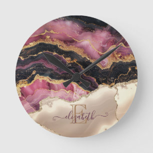 Elegant Gold Glitter Black Burgundy Monogram Round Clock