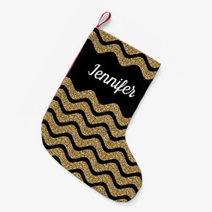 Elegant Gold Glitter Black Chevron Stripes Name Small Christmas Stocking