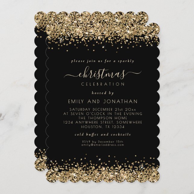 Elegant Gold Glitter Black Christmas Party Invitation (Front/Back)