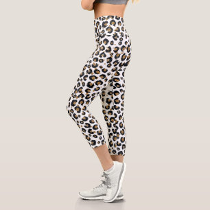 Elegant Gold Glitter Black Leopard Animal Print Capri Leggings