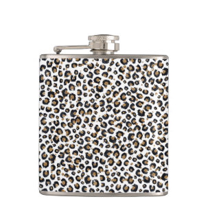 Elegant Gold Glitter Black Leopard Animal Print Hip Flask