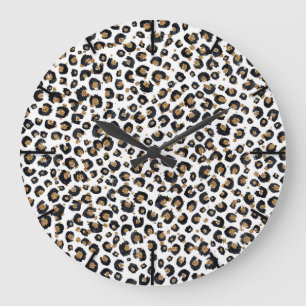 Elegant Gold Glitter Black Leopard Animal Print Large Clock