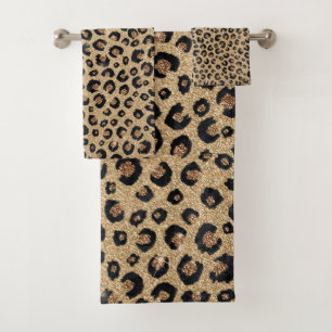 Elegant Gold Glitter Black Leopard Print Bath Towel Set