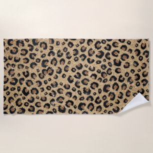 Elegant Gold Glitter Black Leopard Print Beach Towel
