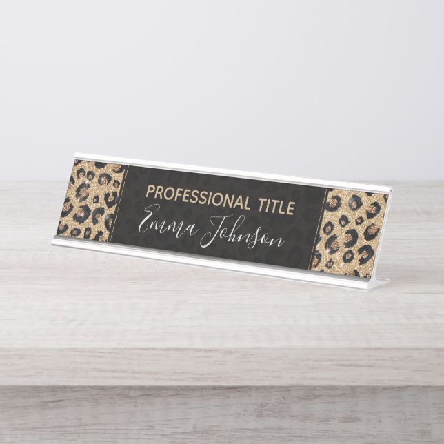 Elegant Gold Glitter Black Leopard Print Desk Name Plate (Front)
