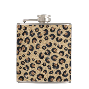 Elegant Gold Glitter Black Leopard Print Hip Flask