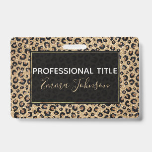 Elegant Gold Glitter Black Leopard Print ID Badge