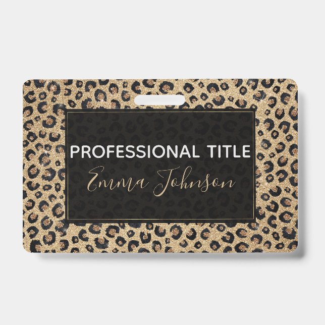 Elegant Gold Glitter Black Leopard Print ID Badge (Front)