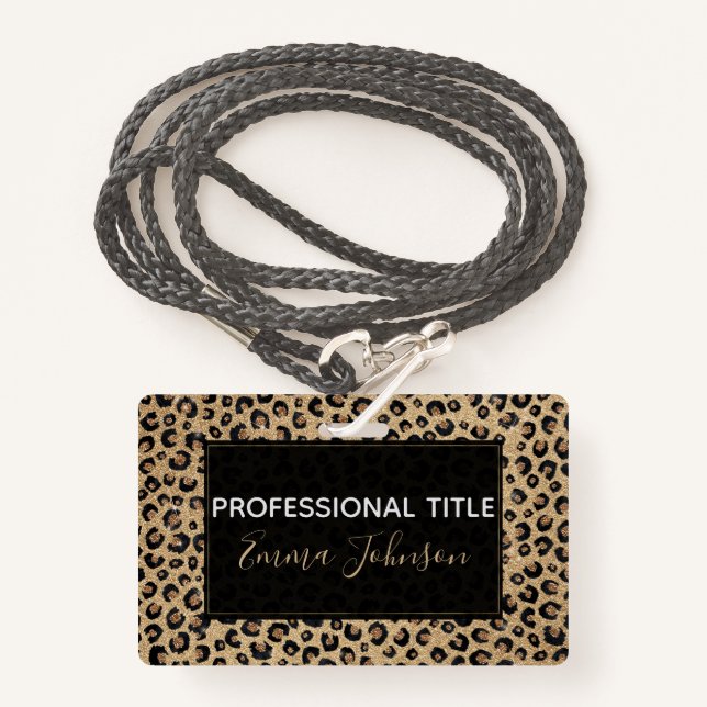 Elegant Gold Glitter Black Leopard Print ID Badge (Front with Lanyard)