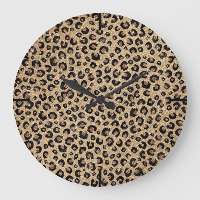 Elegant Gold Glitter Black Leopard Print Large Clock (Front)