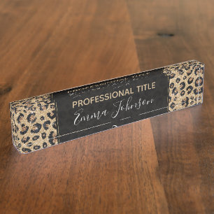 Elegant Gold Glitter Black Leopard Print Nameplate