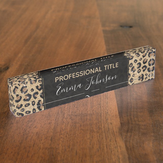 Elegant Gold Glitter Black Leopard Print Nameplate (Side)