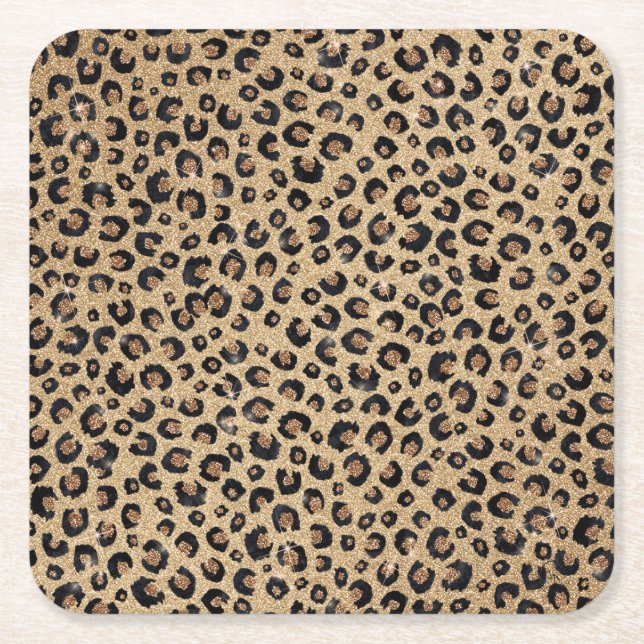 Elegant Gold Glitter Black Leopard Print Square Paper Coaster (Front)