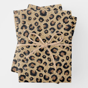 Elegant Gold Glitter Black Leopard Print Wrapping Paper Sheet