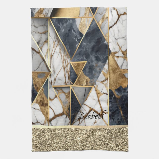 Elegant Gold Glitter  Black Marble Geometric Tea Towel (Vertical)