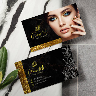 Elegant Gold Glitter & Black Marble Nail Art Salon Business Card