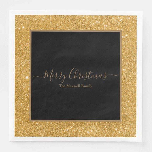 Elegant gold glitter black Merry Christmas name Napkin (Front)