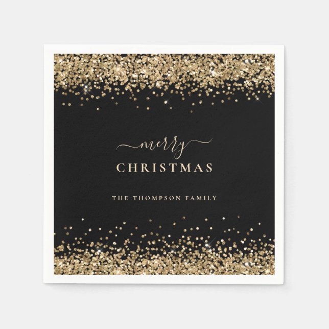 Elegant Gold Glitter Black Name Merry Christmas Napkin (Front)