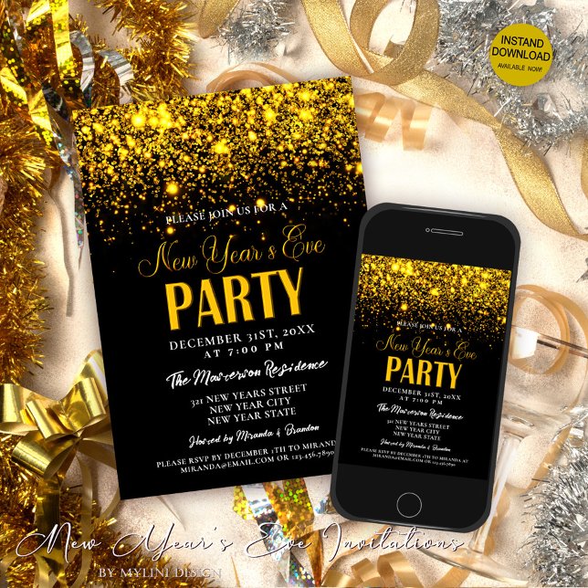 Elegant Gold Glitter & Black New Year's Eve Party Invitation (Creator Uploaded)