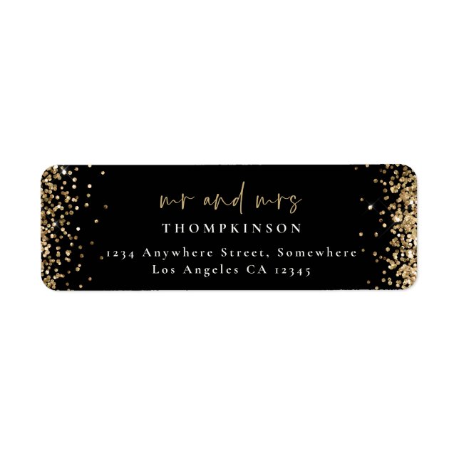 Elegant Gold Glitter Black Return Name Address Label (Front)
