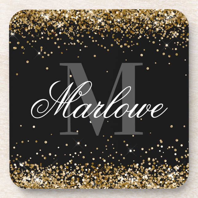 Elegant Gold Glitter Black White Monogram Coaster (Front)
