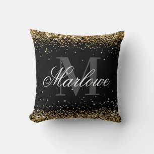 Elegant Gold Glitter Black White Monogram Cushion