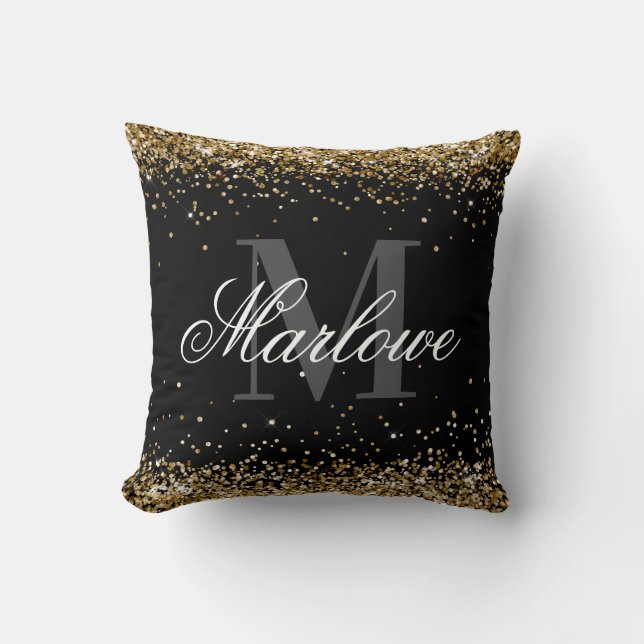 Elegant Gold Glitter Black White Monogram Cushion (Front)