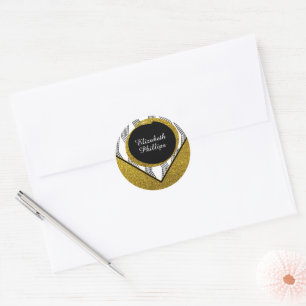 Elegant Gold Glitter BlackWhite Zigzag Pattern Classic Round Sticker