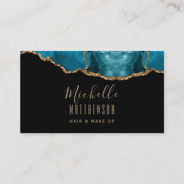 Elegant Gold Glitter Blue Agate Marble QR Code Business Card (Front)