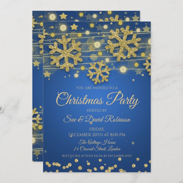 Elegant Gold Glitter Blue Christmas Holiday Party Invitation (Front/Back)