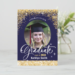 Elegant Gold Glitter Blue Photo Graduation Party Invitation