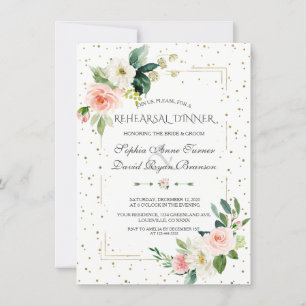 Elegant Gold Glitter Blush Floral Rehearsal Dinner Invitation