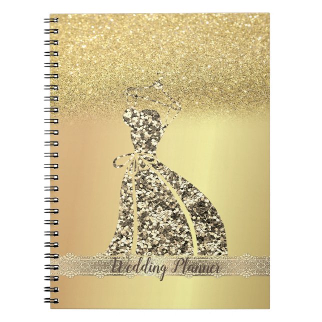 Elegant  Gold Glitter Bokeh, Dress, Lace Notebook (Front)