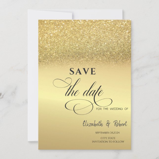 Elegant Gold Glitter Bokeh Wedding Save The Date (Front)