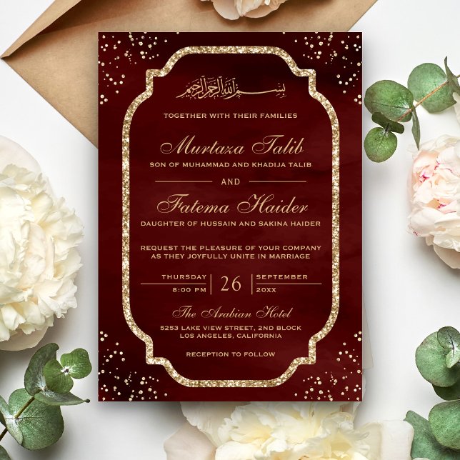 Elegant Gold Glitter Border Maroon Muslim Wedding Invitation (Creator Uploaded)
