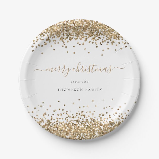 Elegant Gold Glitter Borders Name Merry Christmas Paper Plate (Front)