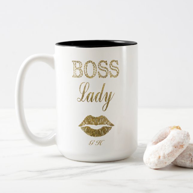 Elegant Gold Glitter BOSS Lady Typography Monogram Two-Tone Coffee Mug (With Donut)