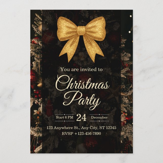 Elegant Gold Glitter Bow Dark Christmas Party Invitation (Front)