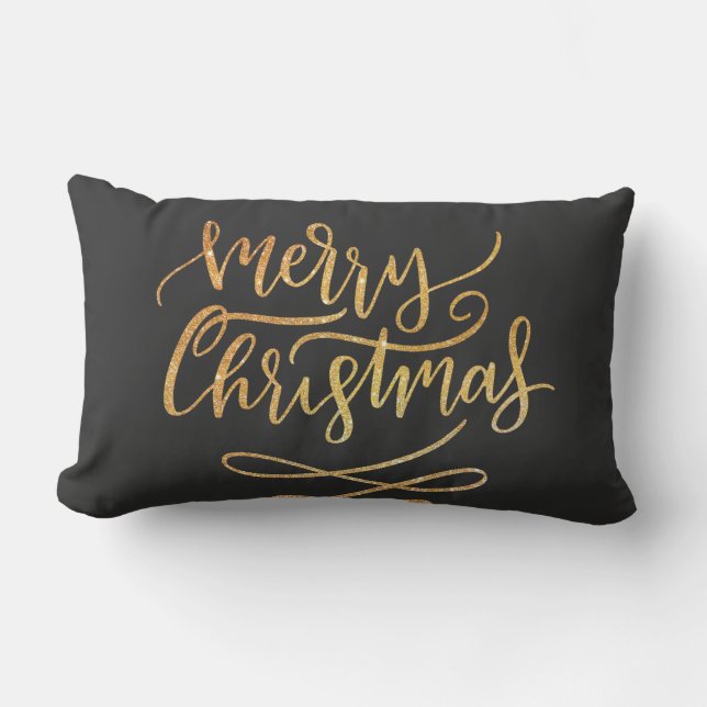 Elegant Gold Glitter Brush Script Merry Christmas Lumbar Cushion (Front)