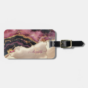 Elegant Gold Glitter Burgundy Marble Monogram Luggage Tag